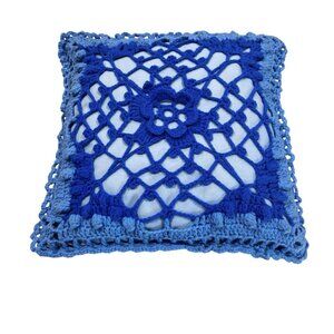 Vintage 1970s Handmade Pillow Crocheted Blue Boho Granny Throw Accent Floral